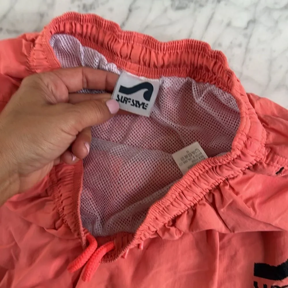 vintage vtg 90s surf style neon orange short swim trunks Sz M
